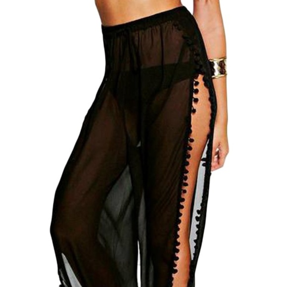 Pants - Black Pom Pom Split Beach Trouser
